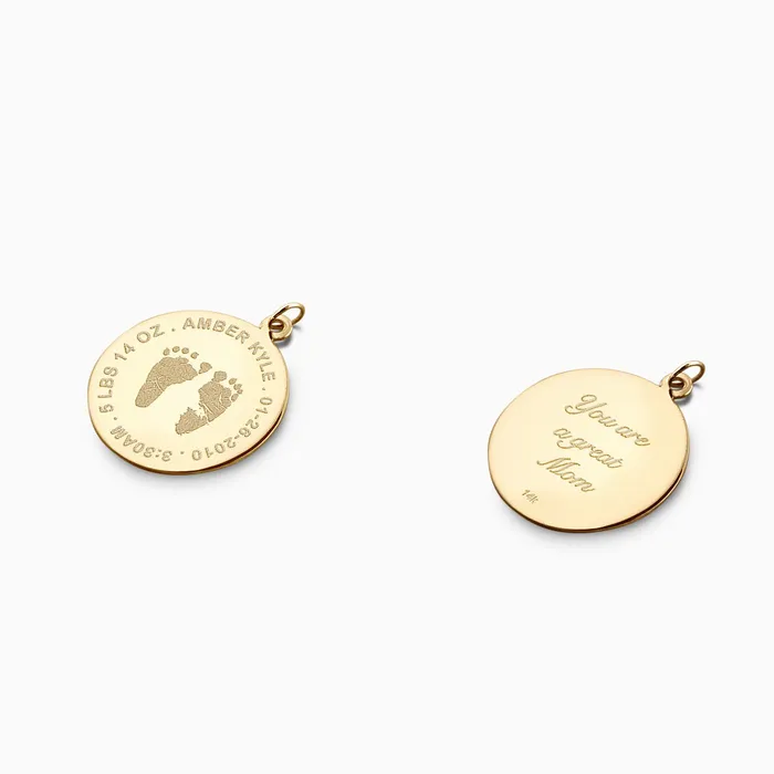 Sandy Steven Engravers Charm Necklaces Custom Engraved 1 inch 14k Yellow Gold Actual Baby Footprint Disc Charm Pendant
