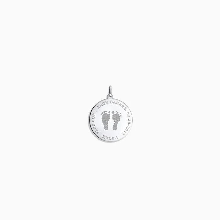 Sandy Steven Engravers Custom Engraved 78 inch 14k White Gold Actual Baby Footprint Disc Charm Pendant Charm Necklaces Sandy Steven Engravers Custom Engraved 78 inch 14k White Gold Actual Baby Footprint Disc Charm Pendant Charm Necklaces