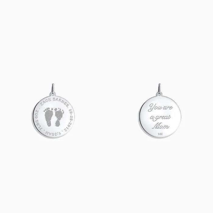 Sandy Steven Engravers Custom Engraved 78 inch 14k White Gold Actual Baby Footprint Disc Charm Pendant Charm Necklaces