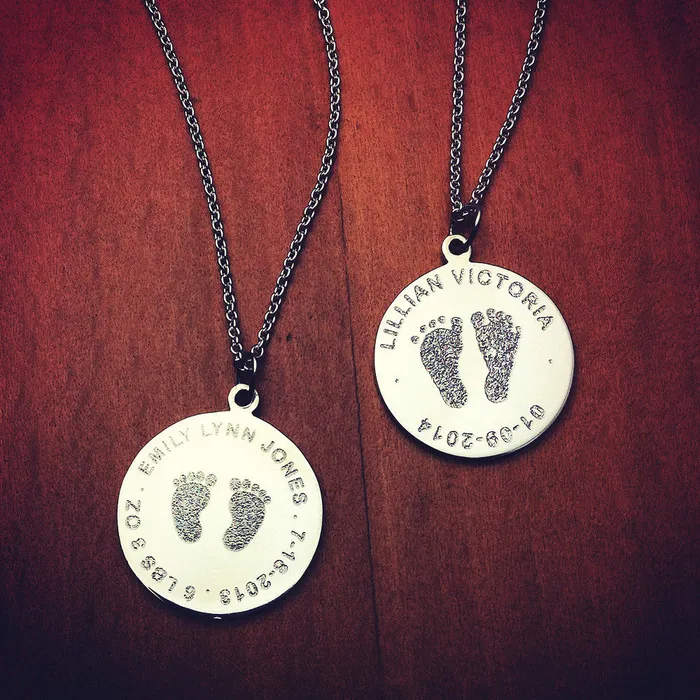 Sandy Steven Engravers Custom Engraved 78 inch 14k White Gold Actual Baby Footprint Disc Charm Pendant Charm Necklaces