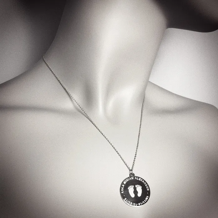 Sandy Steven Engravers Custom Engraved 78 inch 14k White Gold Actual Baby Footprint Disc Charm Pendant Charm Necklaces