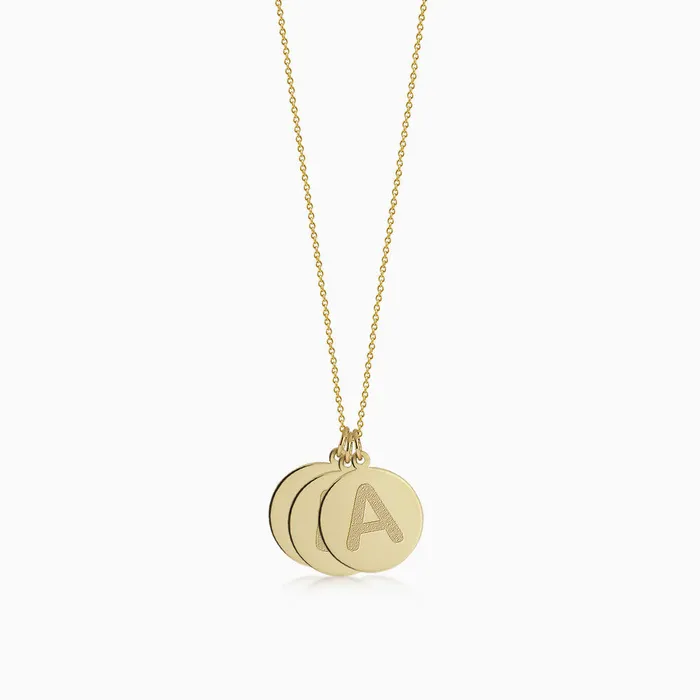 Triple 12 inch 14k Gold Etched Initial Disc Charm Necklace Engravable Sandy Steven Engravers Necklaces Triple 12 inch 14k Gold Etched Initial Disc Charm Necklace Engravable Sandy Steven Engravers Necklaces