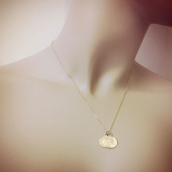Triple 12 inch 14k Gold Etched Initial Disc Charm Necklace Engravable Sandy Steven Engravers Necklaces