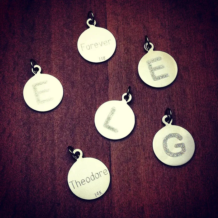 Triple 12 inch 14k Gold Etched Initial Disc Charm Necklace Engravable Sandy Steven Engravers Necklaces