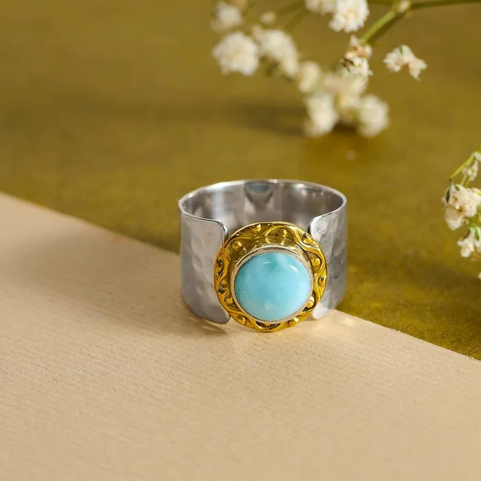 12 MM Larimar 925 Sterling Silver Brass Wide Band Bold Ring YoTreasure Rings