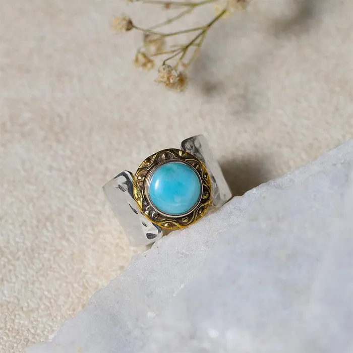 12 MM Larimar 925 Sterling Silver Brass Wide Band Bold Ring YoTreasure Rings