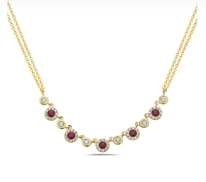 14k Yellow Gold RubyDiamond Halo Bezel Diamond Double Strand Necklace I8552 Bassali Necklaces 14k Yellow Gold RubyDiamond Halo Bezel Diamond Double Strand Necklace I8552 Bassali Necklaces