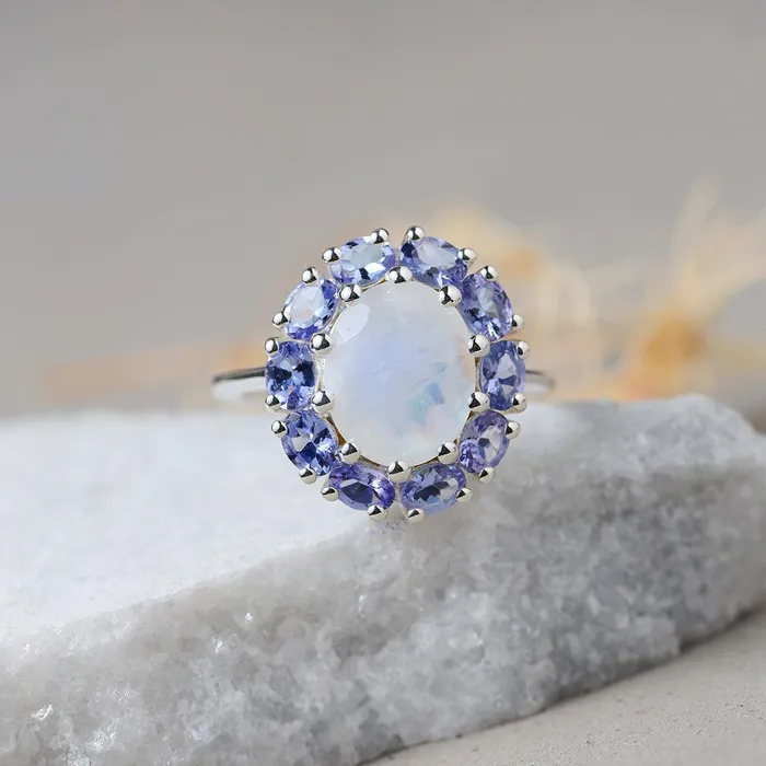 640 Ct Moonstone Tanzanite Cluster Ring 10kt White Gold Jewelry YoTreasure Rings 640 Ct Moonstone Tanzanite Cluster Ring 10kt White Gold Jewelry YoTreasure Rings
