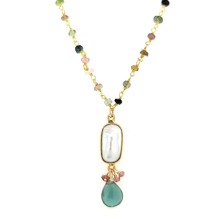 AVF Necklaces AVF Beaded Tourmaline with Bezel Oval Pearl Green Quartz Drop Necklace SI3694 AVF Necklaces AVF Beaded Tourmaline with Bezel Oval Pearl Green Quartz Drop Necklace SI3694