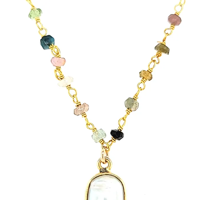 AVF Necklaces AVF Beaded Tourmaline with Bezel Oval Pearl Green Quartz Drop Necklace SI3694 AVF Necklaces AVF Beaded Tourmaline with Bezel Oval Pearl Green Quartz Drop Necklace SI3694