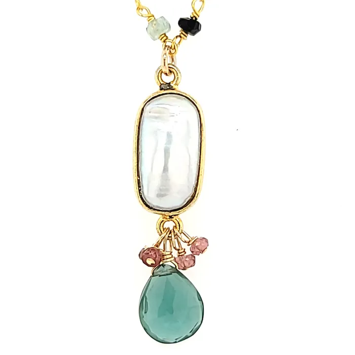 AVF Necklaces AVF Beaded Tourmaline with Bezel Oval Pearl Green Quartz Drop Necklace SI3694 AVF Necklaces AVF Beaded Tourmaline with Bezel Oval Pearl Green Quartz Drop Necklace SI3694