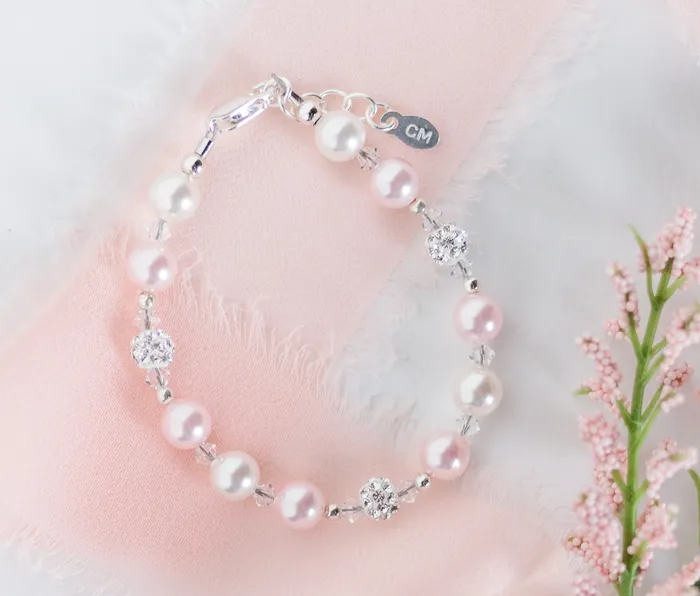 Bracelets Cherished Moments Sterling Silver Pink Pearl and Stardust Bracelet for Kids Toddlers and Girls
