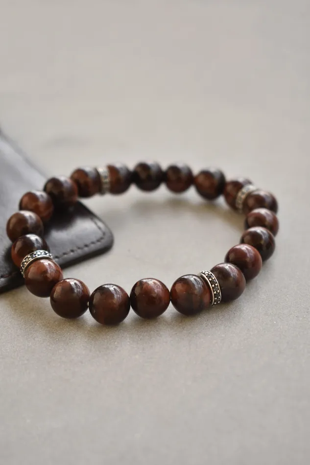 Bracelets YoTreasure Red Tiger Eye Black Spinel 925 Sterling Silver Stretchable Beads Bracelet 7 For Mens Jewelry