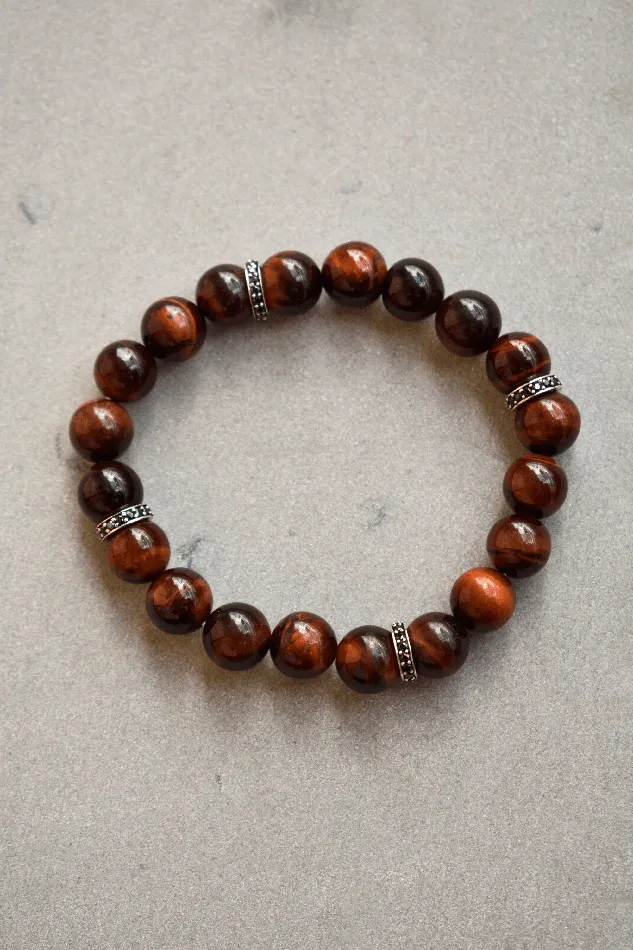 Bracelets YoTreasure Red Tiger Eye Black Spinel 925 Sterling Silver Stretchable Beads Bracelet 7 For Mens Jewelry