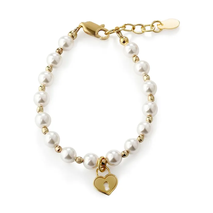 Cherished Moments Bracelets 14K Gold Plated Pearl Baby Bracelet with Locket for Kids Cherished Moments Bracelets 14K Gold Plated Pearl Baby Bracelet with Locket for Kids