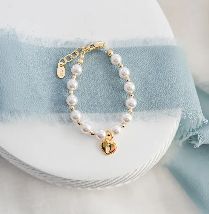 Cherished Moments Bracelets 14K Gold Plated Pearl Baby Bracelet with Locket for Kids