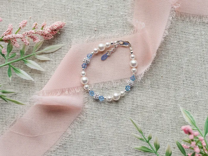 Cherished Moments Bracelets Girls Sterling Silver Simulated Pearl and Blue Crystal Kids Bracelet