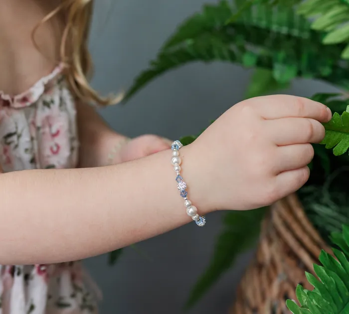 Cherished Moments Bracelets Girls Sterling Silver Simulated Pearl and Blue Crystal Kids Bracelet