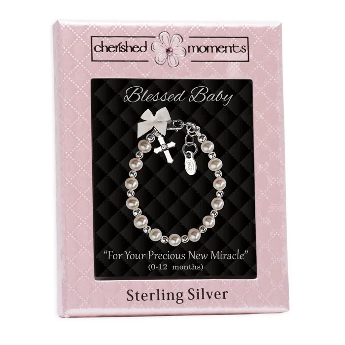 Cherished Moments Bracelets Sterling Silver Pearl Cross Baptism Christening or Dedication Bracelet for Baby Girl