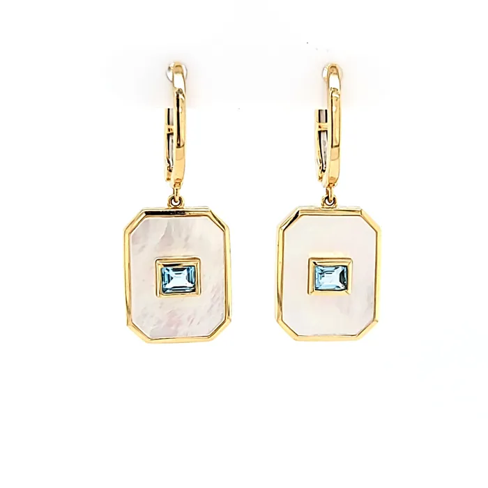 Doves Earrings 14k Yellow Gold Mother of Pearl Blue Topaz Dangle Earrings I7695 Doves Earrings 14k Yellow Gold Mother of Pearl Blue Topaz Dangle Earrings I7695