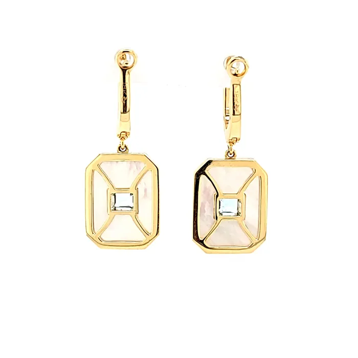 Doves Earrings 14k Yellow Gold Mother of Pearl Blue Topaz Dangle Earrings I7695 Doves Earrings 14k Yellow Gold Mother of Pearl Blue Topaz Dangle Earrings I7695