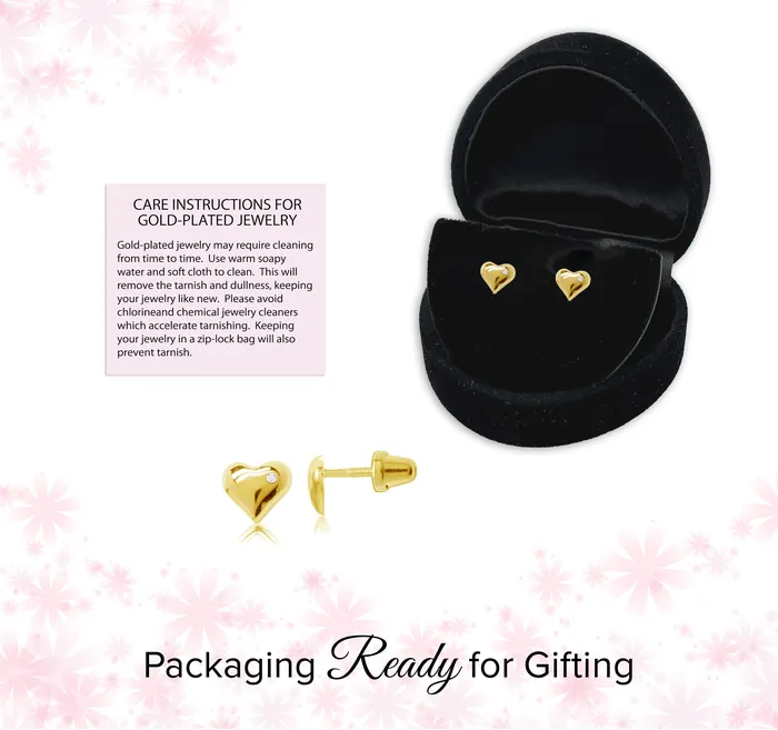 Earrings Cherished Moments 14K GoldPlated Girls Puff Heart Earrings for Babies and Kids