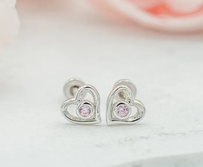 Earrings Cherished Moments SALE Sterling Silver Heart wPink CZ Earring for Baby and Kids