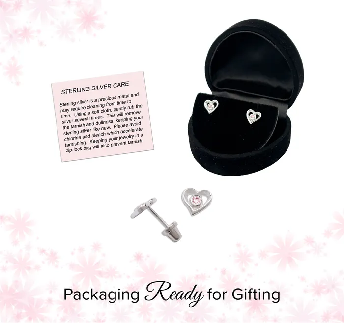 Earrings Cherished Moments SALE Sterling Silver Heart wPink CZ Earring for Baby and Kids