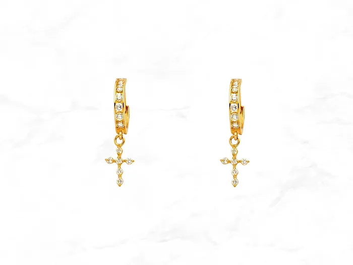 Earrings My Jewelry Plaza 14K Gold Cross Dangle Hinged Huggie Hoops Real Yellow Gold Huggie Hanging Cross Drop Hoops Religious Huggie Hoop CZ Earrings