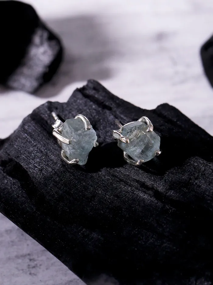Earrings YoTreasure Rough Aquamarine Solid 925 Sterling Silver Stud Earrings Earrings YoTreasure Rough Aquamarine Solid 925 Sterling Silver Stud Earrings