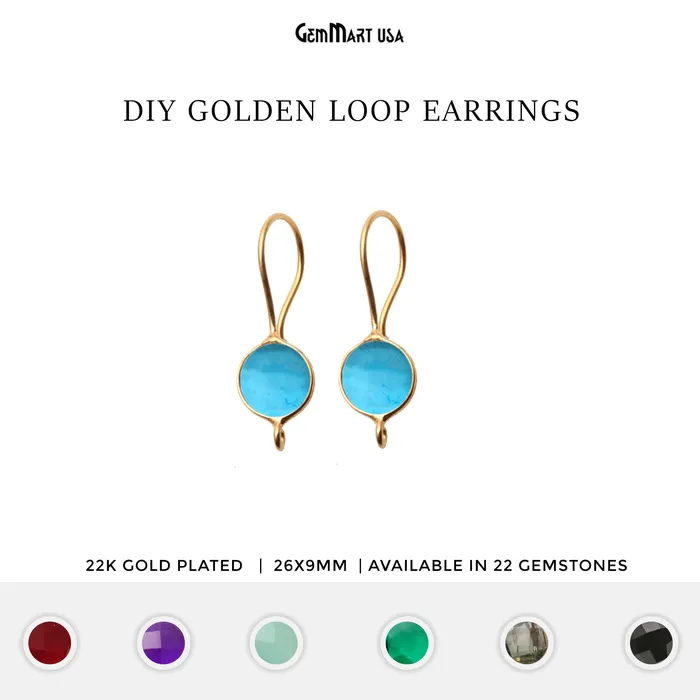 GemmartUSA DIY Gemstone 26x9mm Gold Plated Round Hook Earring Earrings