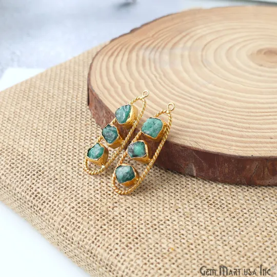 GemMartUSA Earrings Emerald Rough Gemstone Free Form Oval Gold Plated Twisted Bezel setting 44x16mm DIY Earring Pendant Connector GemMartUSA Earrings Emerald Rough Gemstone Free Form Oval Gold Plated Twisted Bezel setting 44x16mm DIY Earring Pendant Connector