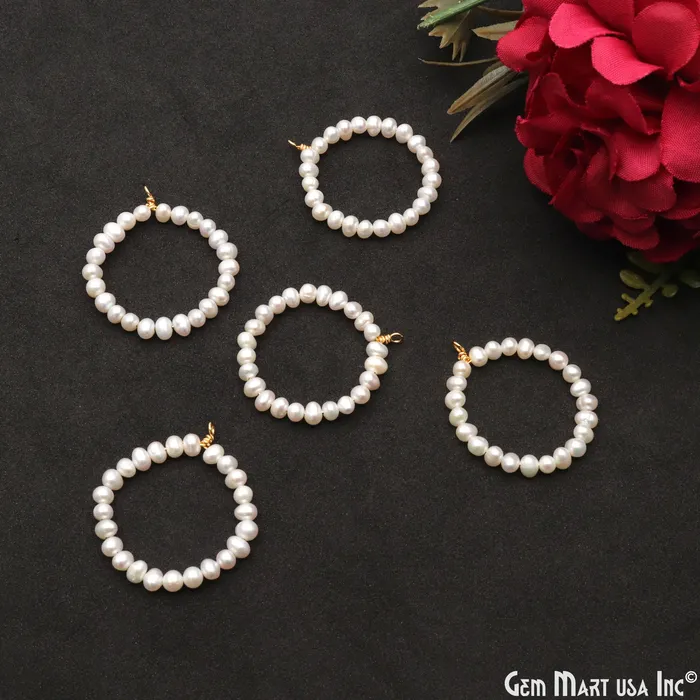 GemMartUSA Earrings Pearl Round Shape 32x28mm Gold Wire Wrapped Beaded Hoop Connector GemMartUSA Earrings Pearl Round Shape 32x28mm Gold Wire Wrapped Beaded Hoop Connector