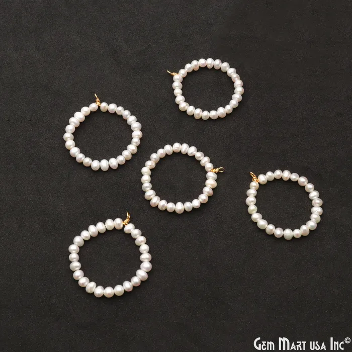 GemMartUSA Earrings Pearl Round Shape 32x28mm Gold Wire Wrapped Beaded Hoop Connector GemMartUSA Earrings Pearl Round Shape 32x28mm Gold Wire Wrapped Beaded Hoop Connector