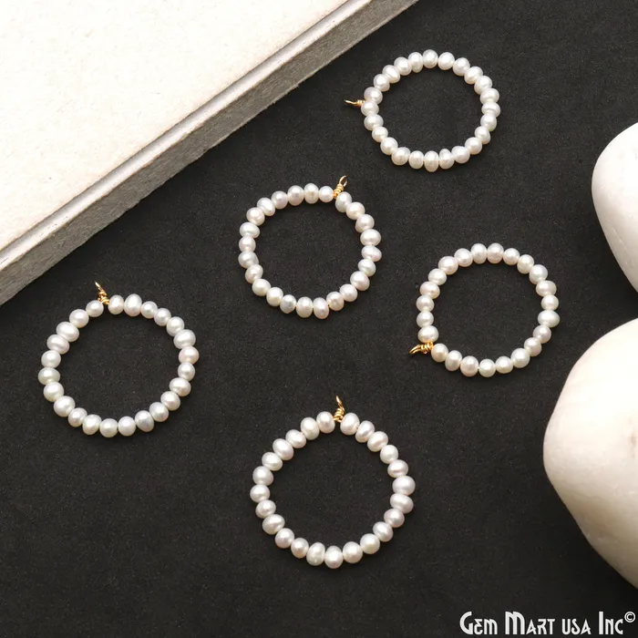 GemMartUSA Earrings Pearl Round Shape 32x28mm Gold Wire Wrapped Beaded Hoop Connector GemMartUSA Earrings Pearl Round Shape 32x28mm Gold Wire Wrapped Beaded Hoop Connector