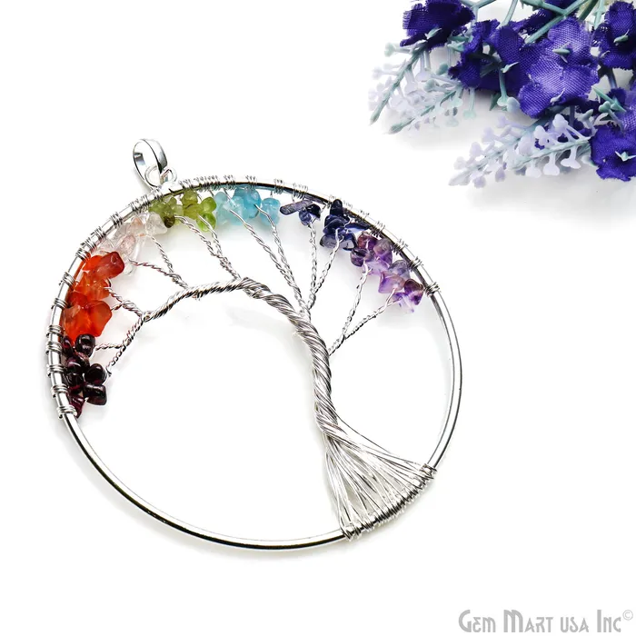 GemMartUSA Necklaces 7 Chakra Tree Of Life 79x73mm Silver Wire Wrapped Round Shape Pendant GemMartUSA Necklaces 7 Chakra Tree Of Life 79x73mm Silver Wire Wrapped Round Shape Pendant