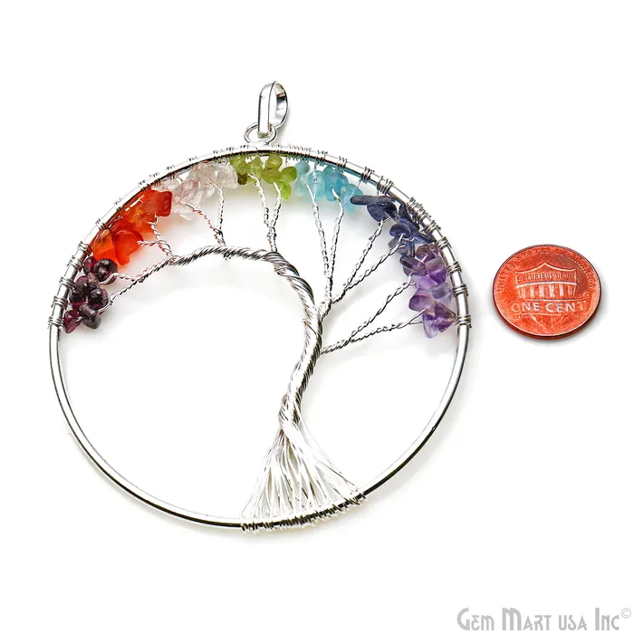 GemMartUSA Necklaces 7 Chakra Tree Of Life 79x73mm Silver Wire Wrapped Round Shape Pendant