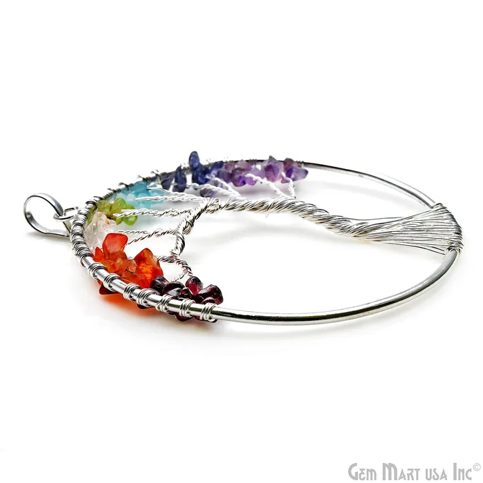 GemMartUSA Necklaces 7 Chakra Tree Of Life 79x73mm Silver Wire Wrapped Round Shape Pendant