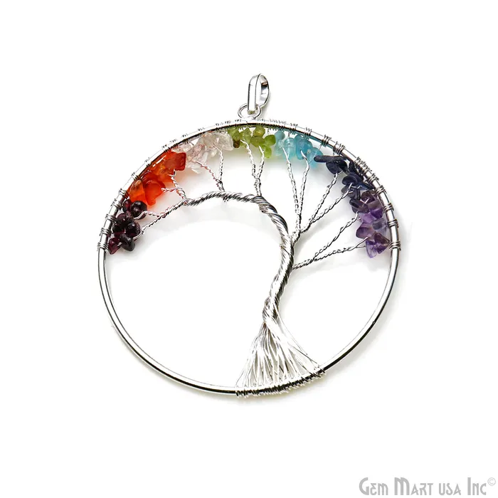GemMartUSA Necklaces 7 Chakra Tree Of Life 79x73mm Silver Wire Wrapped Round Shape Pendant