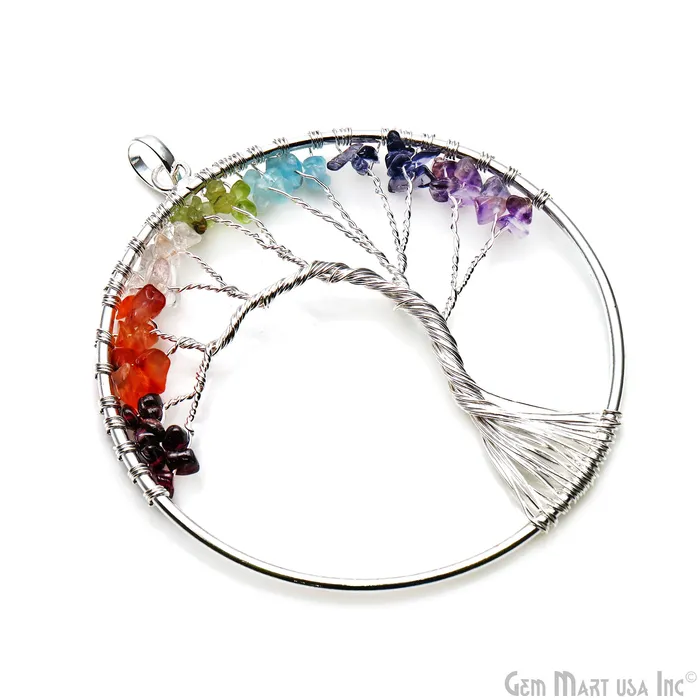 GemMartUSA Necklaces 7 Chakra Tree Of Life 79x73mm Silver Wire Wrapped Round Shape Pendant