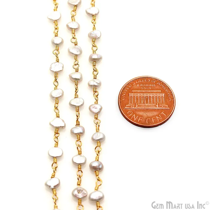 GemMartUSA Necklaces Gray Pearl Free Form Beads 56mm Gold Plated Gemstone Rosary Chain GemMartUSA Necklaces Gray Pearl Free Form Beads 56mm Gold Plated Gemstone Rosary Chain