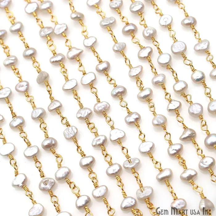 GemMartUSA Necklaces Gray Pearl Free Form Beads 56mm Gold Plated Gemstone Rosary Chain GemMartUSA Necklaces Gray Pearl Free Form Beads 56mm Gold Plated Gemstone Rosary Chain