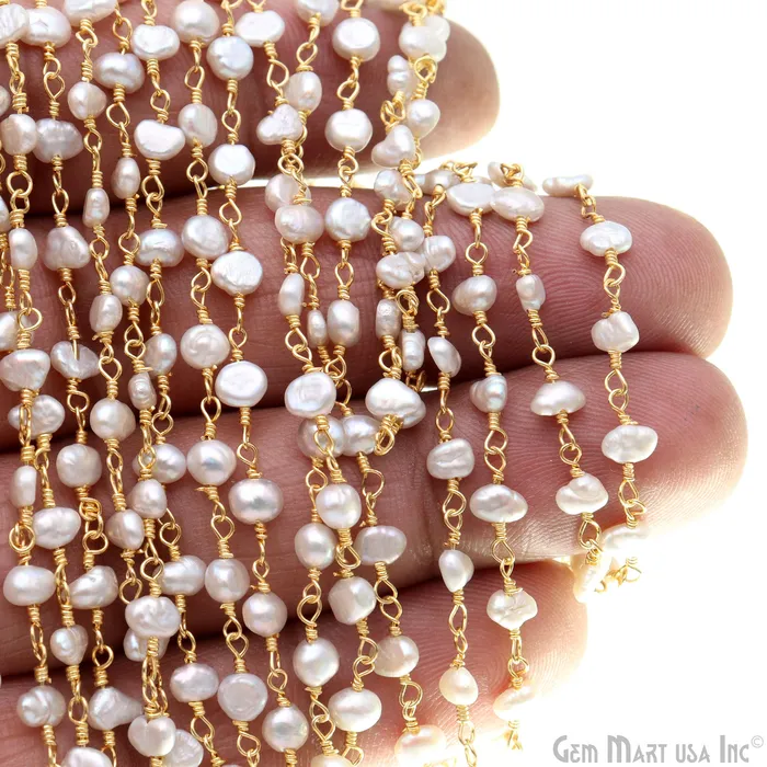 GemMartUSA Necklaces Gray Pearl Free Form Beads 56mm Gold Plated Gemstone Rosary Chain GemMartUSA Necklaces Gray Pearl Free Form Beads 56mm Gold Plated Gemstone Rosary Chain