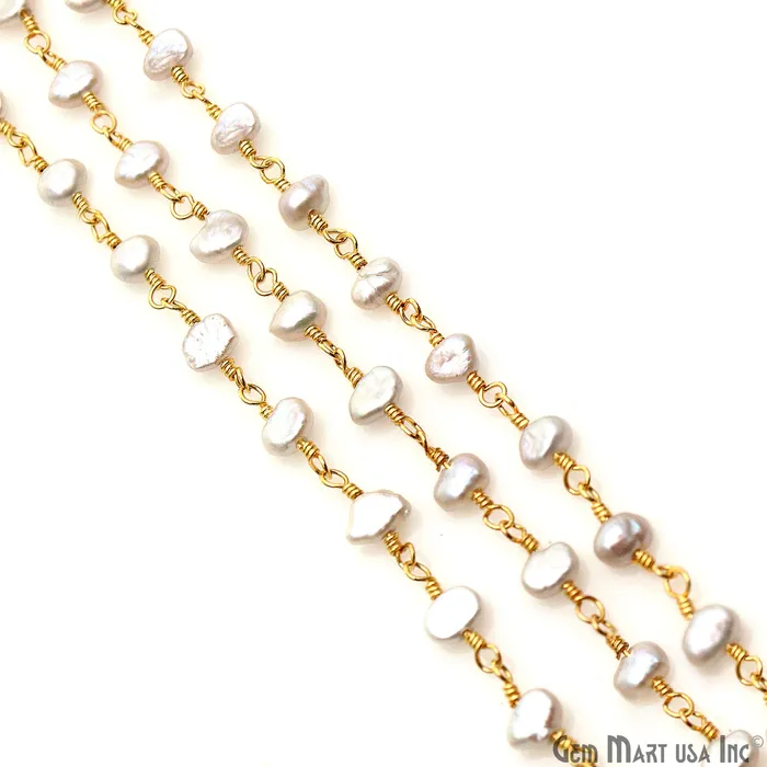 GemMartUSA Necklaces Gray Pearl Free Form Beads 56mm Gold Plated Gemstone Rosary Chain GemMartUSA Necklaces Gray Pearl Free Form Beads 56mm Gold Plated Gemstone Rosary Chain