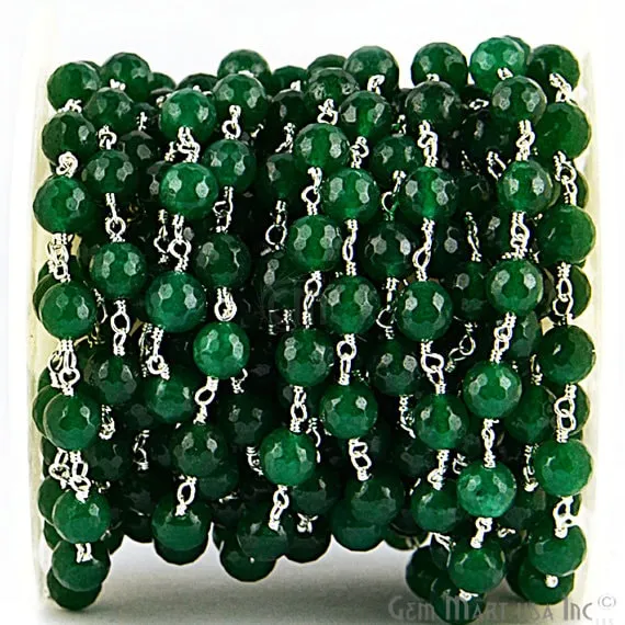 GemmartUSA Necklaces Green Jade Beads Silver Plated Wire Wrapped Rosary Chain GemmartUSA Necklaces Green Jade Beads Silver Plated Wire Wrapped Rosary Chain