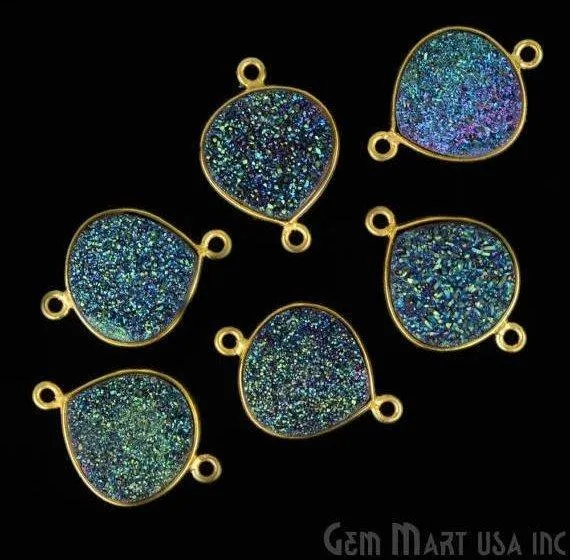 GemMartUSA Necklaces Natural Titanium Druzy 12mm Gold Double Bail Heart Bezel Connector