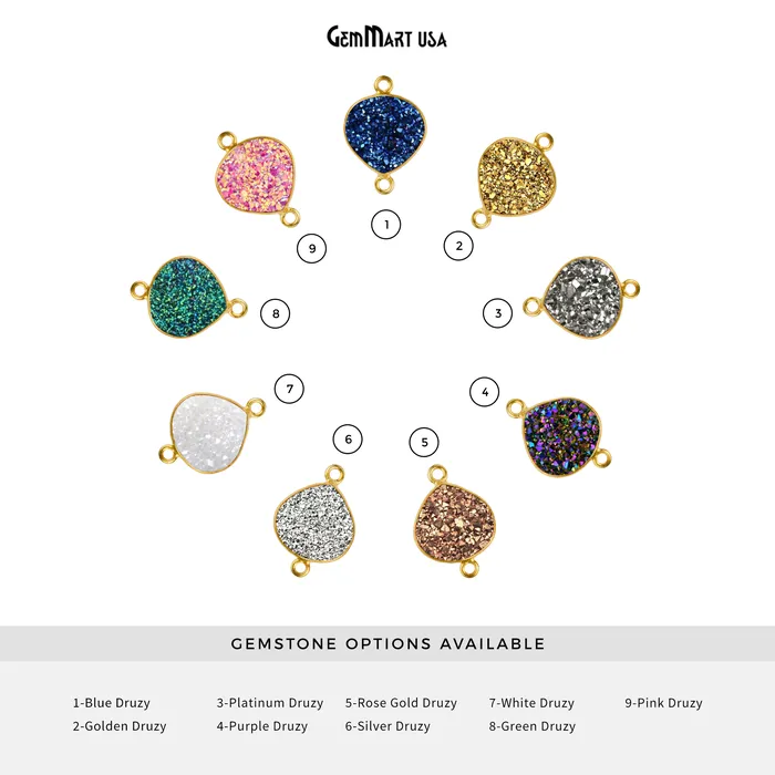 GemMartUSA Necklaces Natural Titanium Druzy 12mm Gold Double Bail Heart Bezel Connector