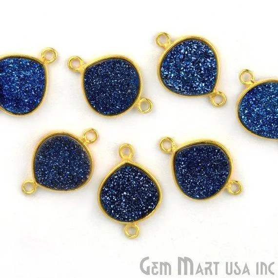 GemMartUSA Necklaces Natural Titanium Druzy 12mm Gold Double Bail Heart Bezel Connector