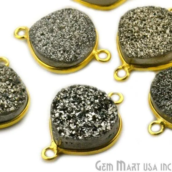 GemMartUSA Necklaces Natural Titanium Druzy 12mm Gold Double Bail Heart Bezel Connector