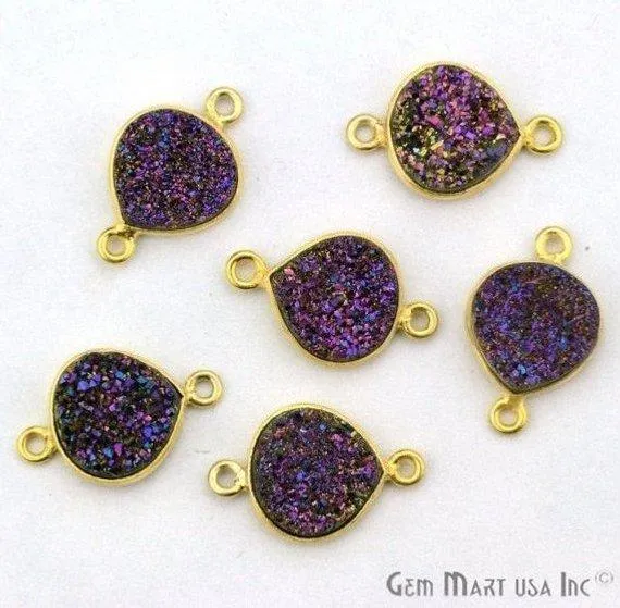 GemMartUSA Necklaces Natural Titanium Druzy 12mm Gold Double Bail Heart Bezel Connector